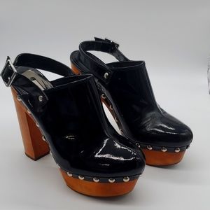 Steve Madden 4 The Cool People, Coleen, patent leather black mules, wood 7.5